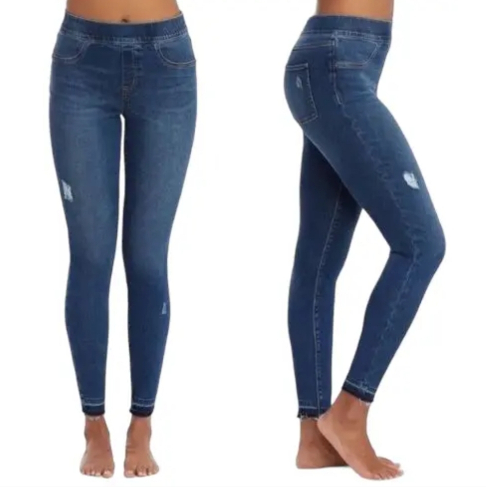 Spanx Distressed Ankle Skinny Jeans Raw Hem Stretch Pull On Denim